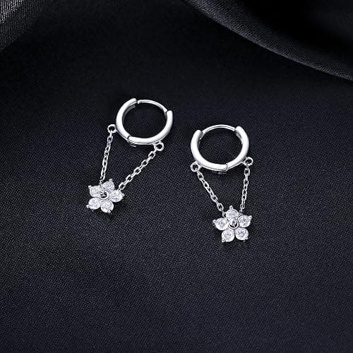 Reffeer 925 Sterling Silver Flower Chain Drop Earrings Hoop for Women Teens Huggie Hoop Dangle Earrings Chain thumbnail 5
