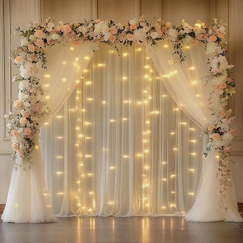 Fomcet Champagne Backdrop Curtains with Lights String 10X10FT Polyester Fabric & Tulle Curtains Backdrop Drapes for Back Drop Photoshoot Baby Shower Birthday Party Decor 2 Panels 5x10FT - Image 1