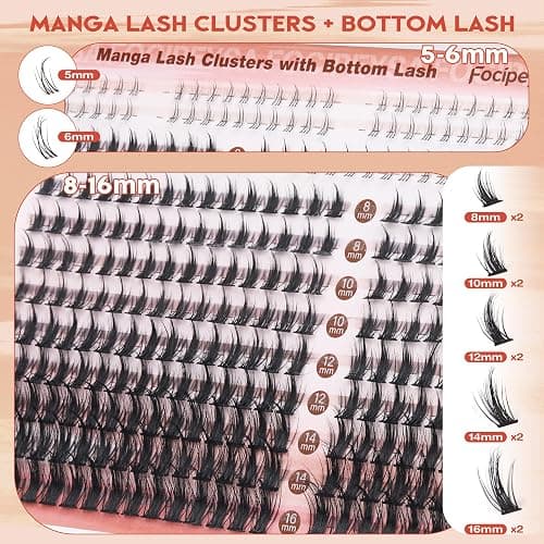 Focipeysa Manga Lash Clusters Kit Wispy Eyelash Extensions Kit 330Pcs Anime Lashes Extension with Lash Bond and Seal 8-16mm Individual Eyelash Extension with Bottom Lashes Extension thumbnail 4