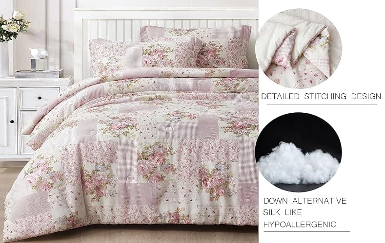 Chezmoi Collection Rosy 3-Piece Queen Size Washed Cotton Comforter Set - Floral Bedding Set Ivory Green Pink Flower Polka Dot Printed Patchwork Reversible Lightweight Comforter for All Season thumbnail 6