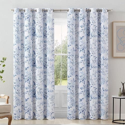 Beauoop Floral 100% Blackout Curtains for Bedroom Navy Blue 50x63 2 Panels | Rose Flower Patterned Room Darkening Drapes for Living Room 90 Inch Long Farmhouse Thermal Insulated Soundproof Grommet thumbnail 9