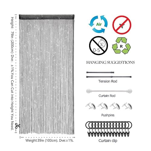 Atsweetlife Door String Curtain Doorway Beads Curtains,Hanging Room Divider Beaded Decor Hippie Glitter Fringe Panel Closet Window Doors Sequin Sheer Boho Doors Tassel (Black) thumbnail 4
