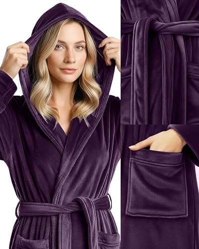 NY Threads Women's Fleece Hooded Bathrobe Plush Long Robe thumbnail 3