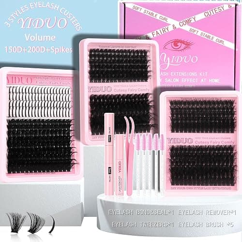 YIDUO 575Pcs Lashes Clusters Kit with Glue and Removers, D Curl Volume 150D+200D Thick+Spiky Lashes Extension, 12-21mm Thick Extension Eyelashes DIY Individual False Eyelash Kit DIY at Home Easily thumbnail 9
