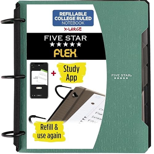 Five Star Flex Refillable Notebook + Study App, College Ruled Paper and 1-1/2 Inch TechLock Ring Binder with Pockets, Tabs and Dividers, 300 Sheet Capacity, Seaglass Green (29324AQ8) - Image 1