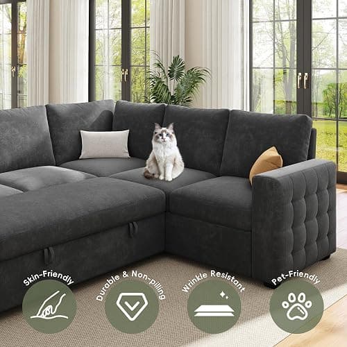 86" Sectional Sleeper Sofa Bed, Sleeper Couch with Pull out Bed, L Shaped Couch with Storage, Modular Sectional Sofa， Sectional Couches for Living Room&Apartment, Convertible Sofas, Gray Couches thumbnail 8