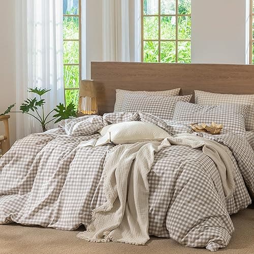 MooMee Gingham Duvet Cover Set 100% Washed Cotton Linen Like Textured Breathable Durable Soft Comfy Modern Checkered Design (Tannish Linen Grey Gingham, Palatial King/Oversized King 120"x98") thumbnail 10