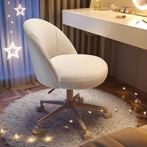 EnHomee Vanity Chair with Wheels and Comfortable Back, Cute Armless Desk Chair with Adjustable Rolling Swivel for Home Office,Bedroom, White - White