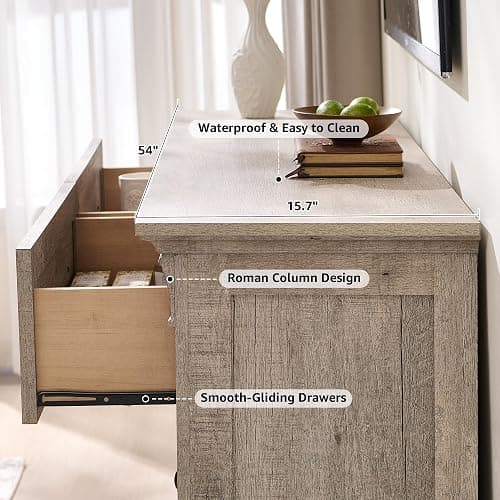 Farmhouse 6 Drawers Dresser for Bedroom, 54" Wide Large Dressers & Chests of Drawers w/Roman Column, Wooden Dresser TV Stand with Large Drawers for Nursery Bedroom Living Room Hallway,Light Rustic Oak thumbnail 7