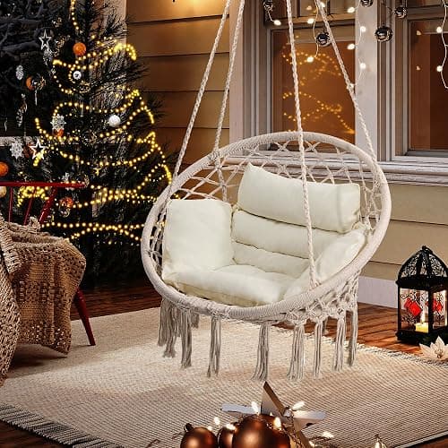 KROFEM Macrame Hammock Hanging Swinging Chair with Medium Cushion, Perfect for Bedroom, Porch, Adults, Balcony, Beige - Image 1