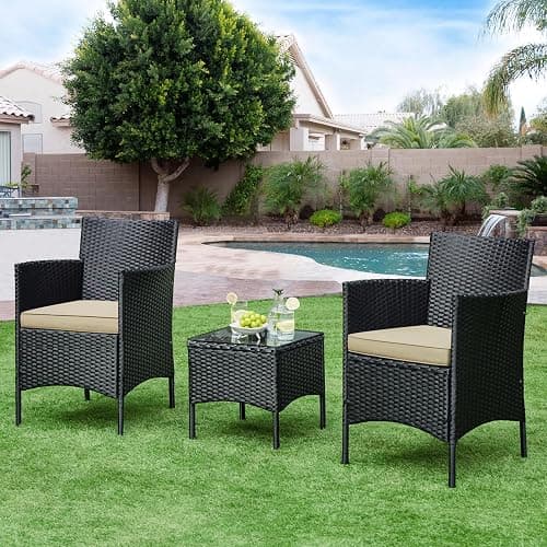 Yaheetech 3 Pieces Patio Conversation Set, Outdoor Rattan Bistro Furniture, 2 Chairs with Cushions & 1 Side Table for Bistro/Porch/Garden/Deck/Courtyard, Black/Khaki thumbnail 9