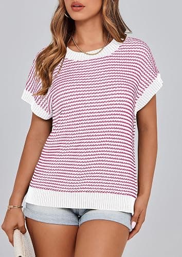 PRETTYGARDEN Womens Short Sleeve Sweater Spring Summer 2026 Round Neck Striped Pullover Cap Sleeve Knit Sweater Vest Tops thumbnail 5