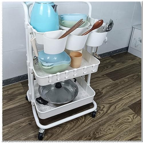 Freletry 3 Tier Rolling Utility Cart Multifunction Storage Organizer Shelf Rack with Lockable Wheels 3PCS Cups and 8PCS Hooks for Home Office Kitchen Bathroom Store (White) thumbnail 7