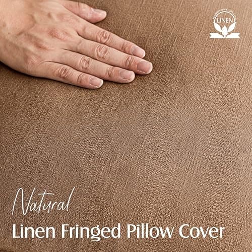 Foindtower Set of 2 Decorative Linen Fringe Throw Pillow Covers Cozy Boho Farmhouse Cushion Cover with Tassels Soft Accent Pillowcase for Couch Sofa Bed Living Room Home Decor,18×18 Inch,Khaki Brown thumbnail 2