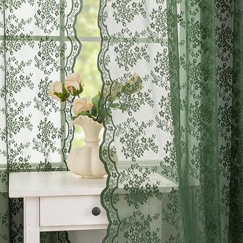 YJ YANJUN Vintage Lace Curtains 63 Inch Length-Victorian Floral Dark Olive Green Sheer Curtains 1 Pair Transparent Voile for Bedroom Kitchen Sunroom Bohemian Christmas Decor Rod Pocket W52 x L63 - Image 1