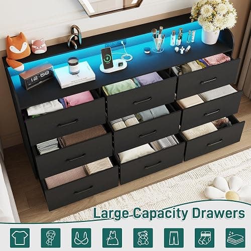 9 Drawers Dresser for Bedroom, 63" Wood Dresser with Power Outlet, LED Lights and Deep Drawers, Wide Chest of Drawers, Modern Minimalist Closet Dressers for Kids Bedroom, Living Room, Nursery, Black thumbnail 4