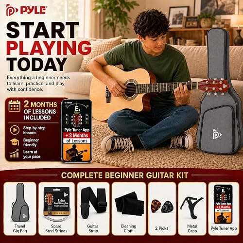 Pyle Beginner Acoustic Guitar Kit - Full Size 41” Cutaway Dreadnought Natural Matte Finish w/ Upgraded Gig Bag, Tuner, Steel Strings, Picks, Strap, Capo, For Beginners/Adults - (Natural, Premium Kit) thumbnail 2