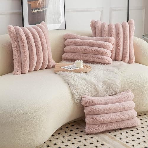 Neelvin Pink Faux Fur Cozy Soft Striped Decorative Throw Pillow Covers 18x18 inch Set of 2,Velvet Pillowcase Cushion Case for Sofa Couch thumbnail 4