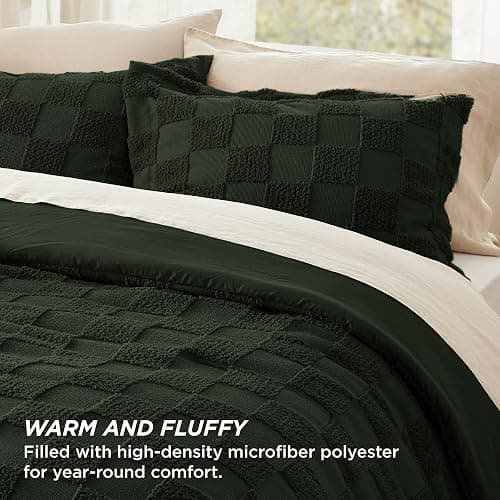 Bedsure King Size Comforter Set Dark Olive Green, Boho Tufted Bed Set, Checkered Farmhouse Shabby Chic Bedding, 3 Pieces, 1 Plaid Geometric Comforter and 2 Pillow Shams thumbnail 2