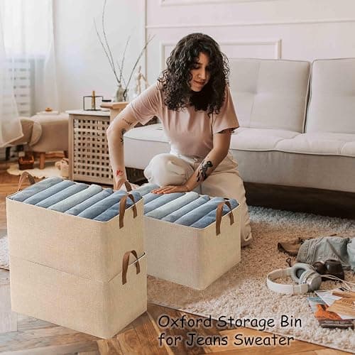 AARAINBOW Linen Closet Organizer Storage Bin with Steel Frame, Stackable Fabric Jeans Baskets for Shelves, 4 Packs Foldable Wardrobe Clothes Box for Sweater Pants Clothing Towel Shirt Felt, 23L Beige thumbnail 6