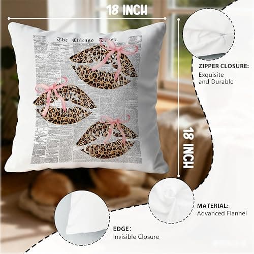 Fyecoluo Pink Bow Leopard Lips Pillow Covers 18x18, Cheetah Print Room Decor, Retro Trendy Girly Leopard Kiss Lips Decorative Throw Pillow Covers for Home Bedroom Girls Room Dorm thumbnail 6