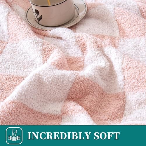 SeaRoomy Checkered Throw Blanket, Ultra Soft Microfiber Knit Throw Blanket, Cozy Fluffy Fuzzy Reversible Checkerboard Pink Blanket for Couch Sofa Bed Decor(Light Pink, 51"63") thumbnail 3