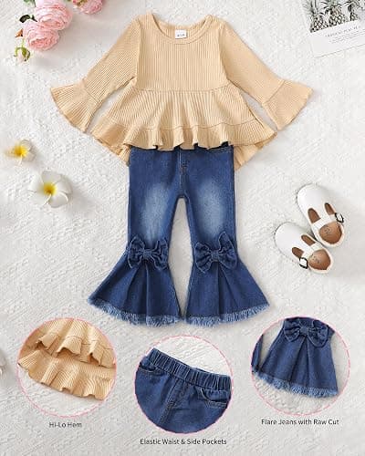Kucnuzki Toddler Baby Girls Clothes Long Sleeve Shirt Top Flare Denim Jeans Cute Outfit Baby Girl Fall Winter Clothes thumbnail 4