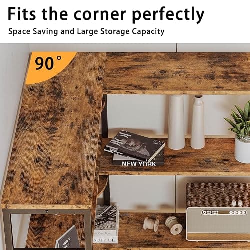 IRONCK Industrial Bookcases and Bookshelves, Book Shelf, Vintage Brown | 5 Tiers Corner Bookcase with Curved Panels, L Shaped Bookshelf with Metal Frame for Open Storage for Living Room, Home Office thumbnail 4
