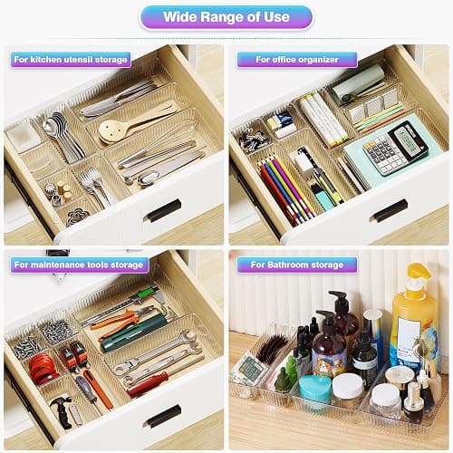 47 PCS Clear Plastic Drawer Organizer Set - 4 Sizes Makeup Organizer Desk Drawer Divider Bathroom Organizers and Storage Bins for Makeup, Jewelry, Gadgets, Office, Kitchen, Bedroom, Bathroom thumbnail 7