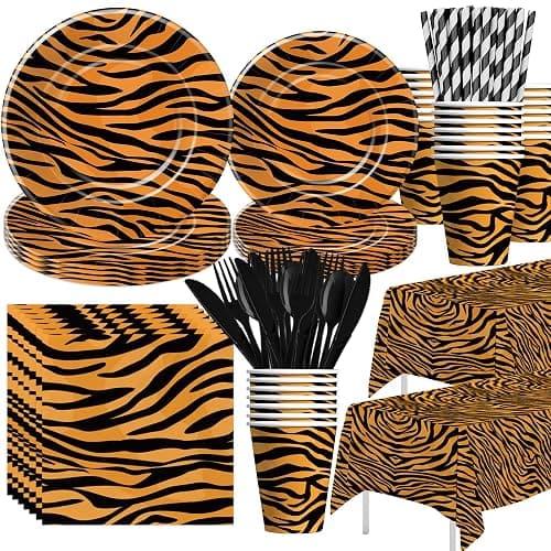 Xenorik Tiger Print Birthday Party Supplies Decorations Tableware Serves 24 | Safari Jungle Texture Theme Tiger Animal Print Party Decorations, Disposable Paper Plate, Cup, Napkin, Cutlery, Tablecloth - Image 1