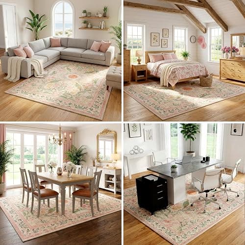 Cnythlis 6'x9' Bohemian Floral Large Area Rug, Cream/Pink/Sage | Botanical Bird, Non-Slip, Water Resistant, Low Pile, Faux Wool, Cotton-Backed Silicone Grip Backing, Kid & Pet Friendly thumbnail 2
