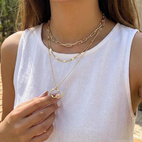 Poxtex Layered Gold Necklaces for Women, Stackable Dainty 14K Gold Silver Plated Trendy Simple Heart Diamond Cross Bow Circle Pendant Paperclip Choker Dot Chain Necklace,Jewelry Set Gifts for Women thumbnail 4