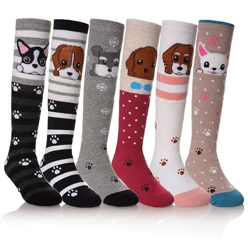 FNOVCO Girls Knee High Socks Kids Crazy Fun Gift Cute Animal Patterns Cotton Long Socks 6 Pairs - Image 1