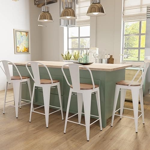 Aklaus Metal Bar Stools Set of 4,26 inch Barstools Counter Height Bar Stool with Backs Farmhouse Bar Stools with Larger seat High Back Kitchen Dining Chairs Modern Bar Chairs White Cream Stool thumbnail 3