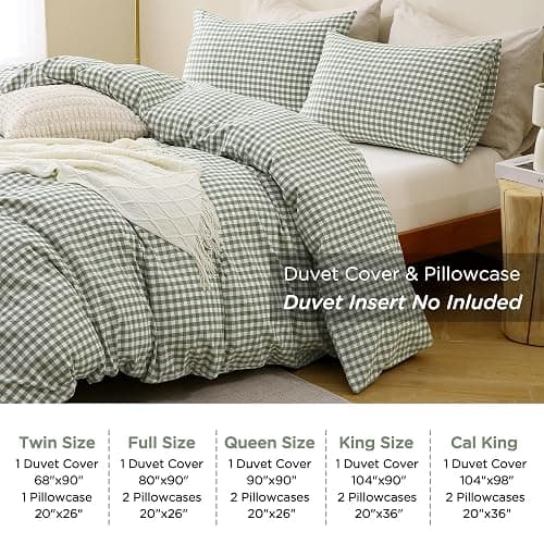 TOCOMOA Green Gingham Duvet Cover Bedding Set 100% Washed Cotton Like Linen Feel Super Soft Comfortable 3 Piece Vintage Plaid Checkered Comforter Cover Set (King 104"x90", Comforter Not Included) thumbnail 8