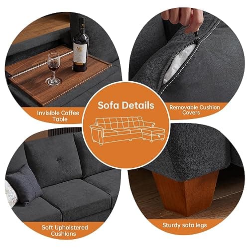 Pingliang Home 4-Seat Sectional Couches for Living Room, Bedroom, Office, L Shape Convertible Sectional Sofa Couch with Ottoman and Cup Holders, Dark Grey thumbnail 5