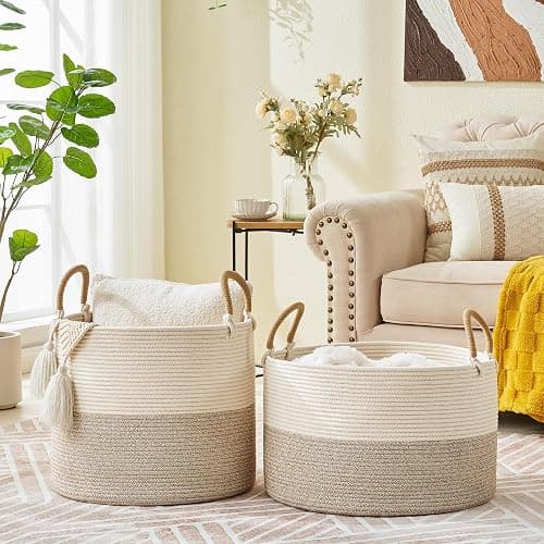 KAKAMAY Large Blanket Basket 20"x13", Cotton Rope Woven Laundry Storage Basket, Baskets for Toy,Stuffed Animal Storage, Dog,Toy Box, Gift Basket for Living Room Nursery Baby Hamper (Beige) thumbnail 7