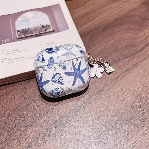MINSCOSE Compatible with AirPods 4 Clear Case,Cute Beautiful Seashell and Starfish Pattern Design with Keychain, Soft TPU Protective Shockproof Cover for AirPods 4 for Women Girls-Blue thumbnail 7