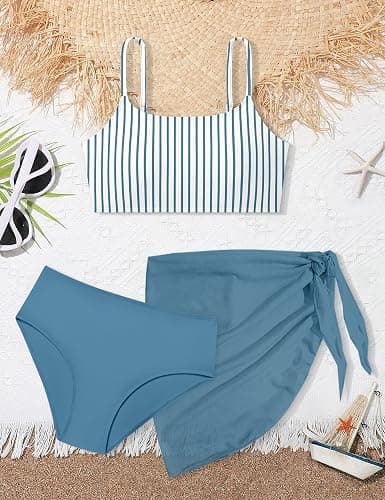Boiltcat Girls Swimsuit High Waisted Contrast Striped 3 Piece Bathing Suit Bikini with Cover Up 9-16 Years thumbnail 6