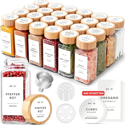 EDELHAUS Gewürzgläser Eckig Set mit Bambusdeckel (24 x 120ml) Gewürzstreuer mit Streueinsatz und 240 Etiketten Weiß - Holzdeckel Gewürzbehälter, Gewürzdosen, Gewürze organizer [11cm x 4,5cm] - Image 1