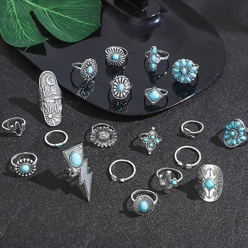 NEWITIN 20 Pcs Turquoise Rings for Women Vintage Knuckle Western Ring Set | Bohemian Oval Gemstone Stackable Rings, Knuckle Silver Rings Set, Boho Turquoise Jewelry for Cowgirl, Country Concert Outfits thumbnail 3