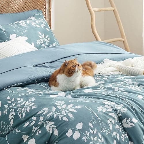 Bedsure Queen Comforter Set - 7 Pieces Floral Mineral Blue Soft Bedding Sets, Queen Bed in a Bag with Botanical Flowers Comforter, Sheets, Pillowcases & Shams thumbnail 5