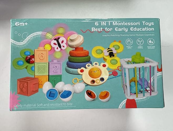 Baby Toys for 6 to 12 Months, Montessori Sensory Bins Toys for Toddlers 1-3, Pull String Teether Infants Bath Toys 6 in 1 Stacking Blocks Rings, Matching Eggs, Suction Cup Spinner Toy thumbnail 9