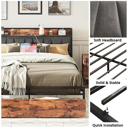 LIKIMIO Queen Bed Frame, Storage Headboard with Charging Station, Platform Bed with Drawers, No Box Spring Needed, Easy Assembly, Vintage Brown and Gray thumbnail 3