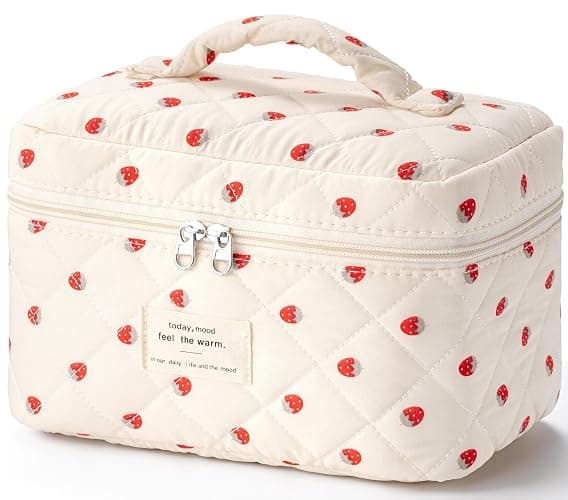 HBselect Large Quilted Makeup Bag for Women Cute Cotton Travel Cosmetic Bag | Floral Coquette Aesthetic Toiletry Organizer Bag with Handle, Portable Multifunctional Makeup Bag, Gifts for Bridesmaids - Image 1