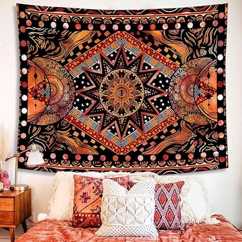 Fowocu Orange Sun and Moon Tapestry Wall Hanging, Indie Hippie Mandala Cool Wall Tapestries, Aesthetic Tapestry for Bedroom Living Room Dorm (Orange, 30'' × 40'') thumbnail 6