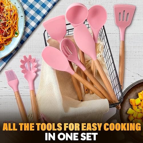 Kitchen Utensils Set with Holder for Nonstick Cookware - 12 Pcs Pink Silicone Cooking Utensils Set, Kitchen Tools for Daily Cooking - Wooden Handle Cooking Tools for Baking Serving and Mixing Tasks thumbnail 5