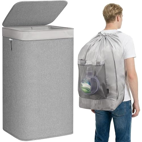 STORAGE MANIAC 2-in-1 Laundry Hamper with Laundry Backpack Bag, 90L Metal Frame Laundry Basket, Dirty Clothes Bag with Shoulder Straps and Mesh Pocket for College, Travel, Laundromat, Apartment, Gray - Image 1