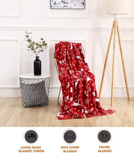 Elegant Comfort Luxury Velvet Super Soft Christmas Prints Fleece Blanket-Holiday Theme Home Décor Fuzzy Warm and Cozy Throws for Winter Bedding, Couch and Gift, 50 x 60 inch, Burgundy Reindeer thumbnail 3