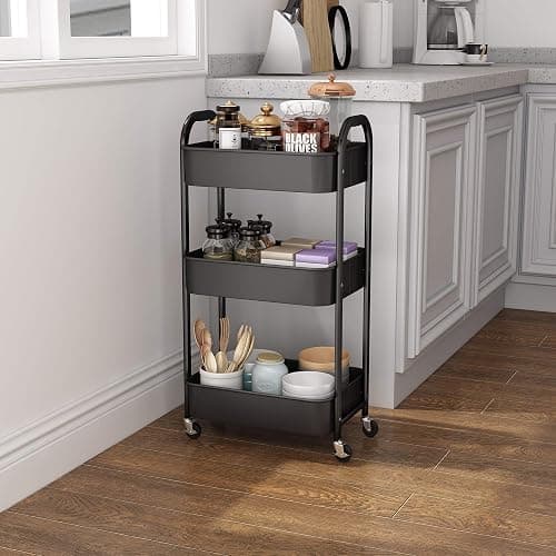 3-Tier Rolling Utility Cart with Caster Wheels,Easy Assembly, for Kitchen, Bathroom (Black) thumbnail 2